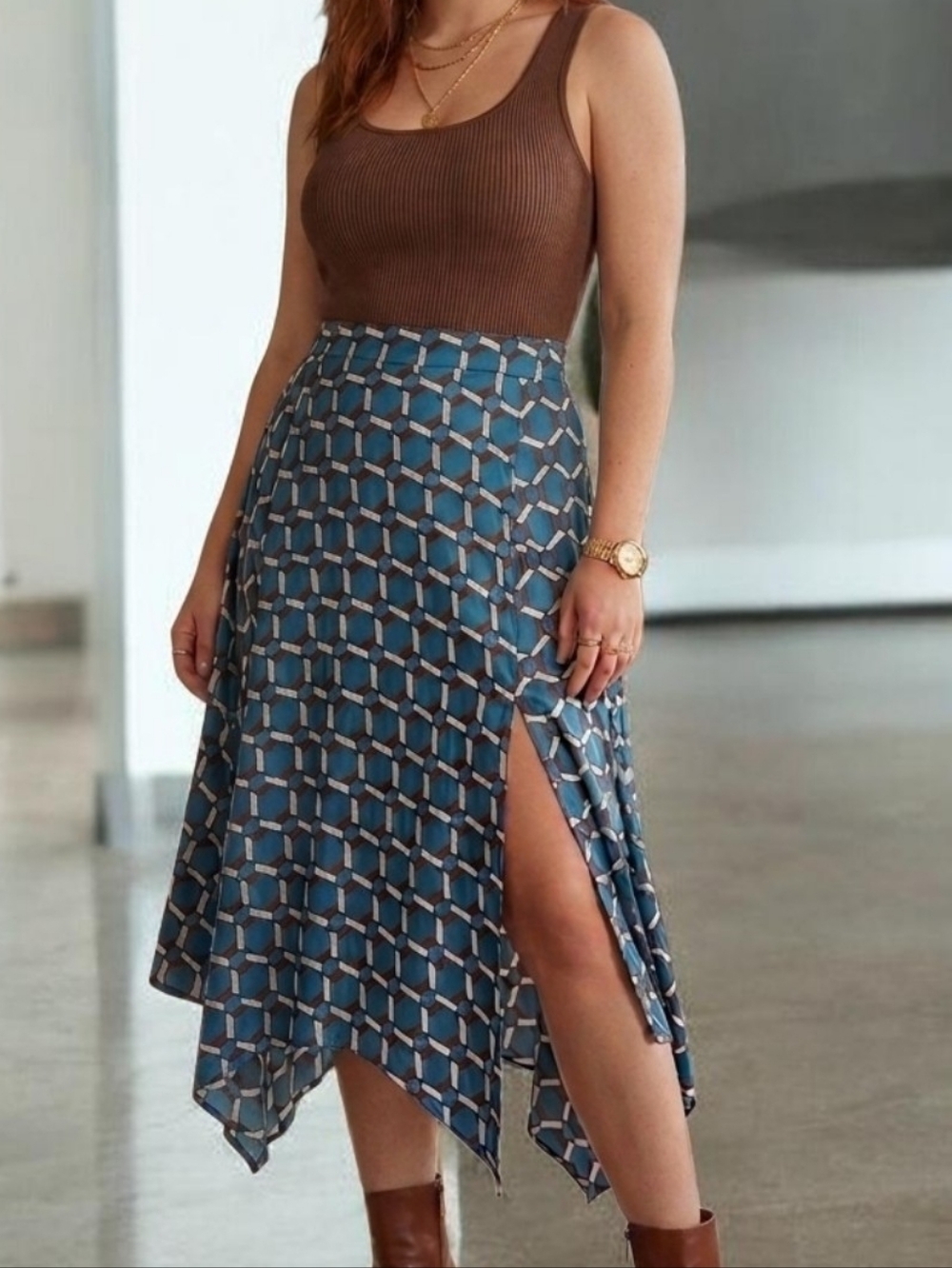 ZARA Geometric Asymmetrical Pleated Midi Skirt Womens Medium Blue Brown White